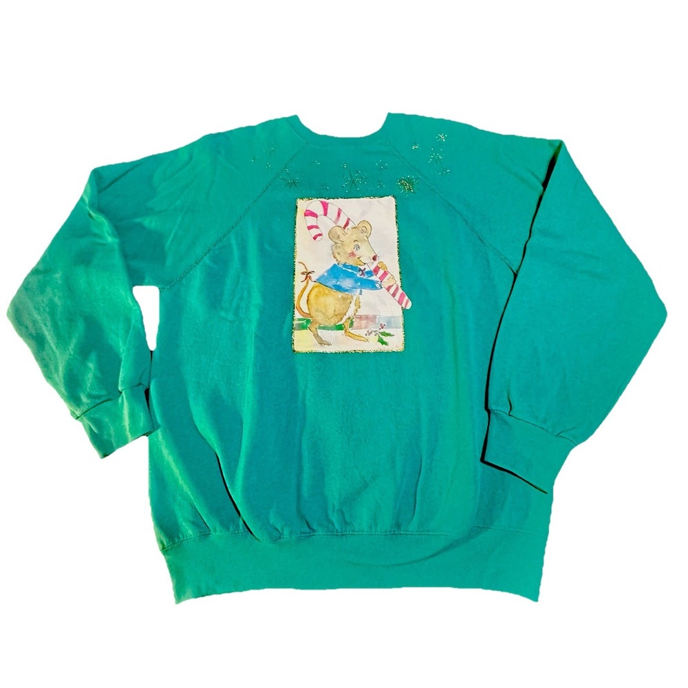 Vintage Womens Christmas Tultex‎  SzL Sweatshirt Cute Mouse With Candy Cane